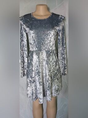 SO Silver Crushed Velvet Long Sleeve Skater Dress